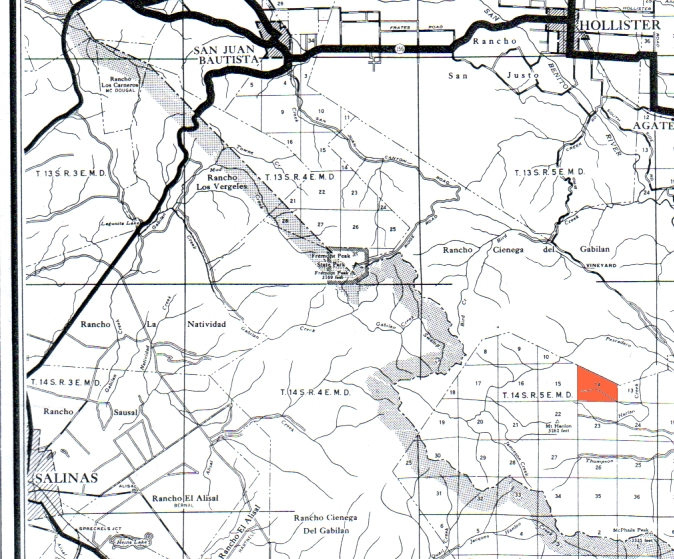 Section 14 of T. 14 S. R. 5 E. (in red), in relationship to Hollister, San Juan and Salinas.